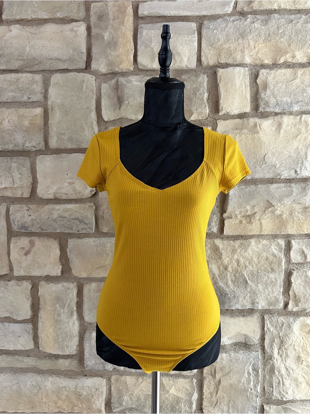 Elodie Ribbed Scoop Neck Bodysuit in Mustard